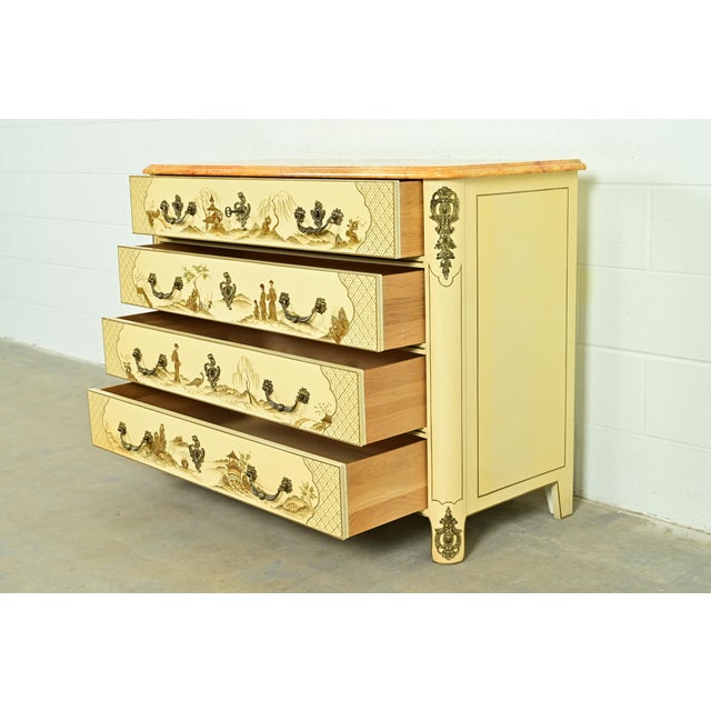 Baker Furniture Style French Regency Louis XVI Chinoiserie Cream Lacquered Dresser Chest For Sale In South Bend - Image 6 of 17