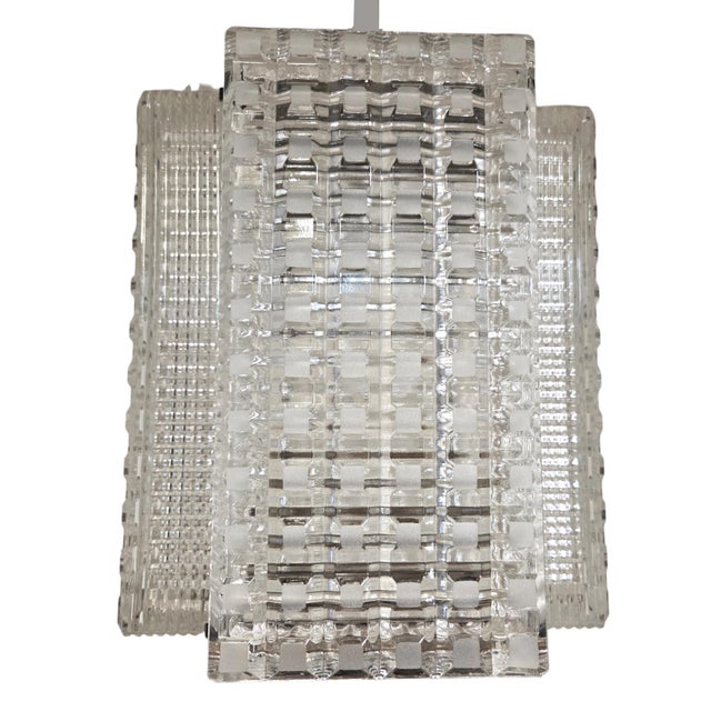 Mid 20th Century Rectangular 4 Panel Architectural Lantern, Art Glass, Polished Nickel & Chrome Stem For Sale - Image 12 of 14