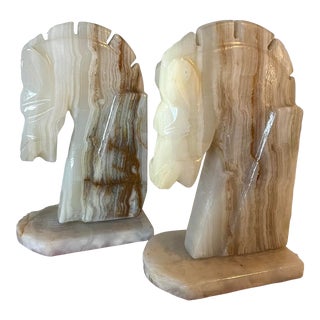 Vintage Alabaster Horse Head Bookends- a Pair For Sale