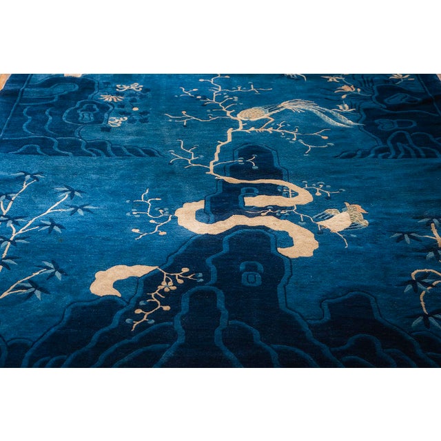 Chinese 1920s Antique Deep Blue Field Pictorial "Shan Shui" Knotted Chinese Peking Rug For Sale - Image 3 of 9