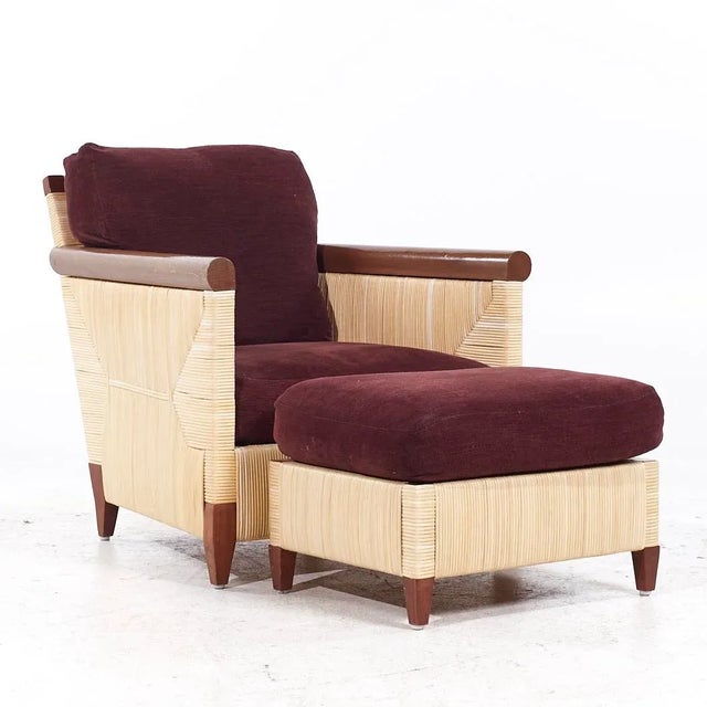 Wood John Hutton for Donghia Merbau Collection Mahogany and Rattan Club Chairs With Ottomans - Pair For Sale - Image 7 of 12