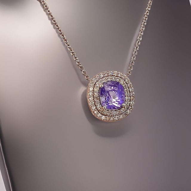 Natural Sapphire Diamond Pendant 18" 14k WG 3.84 TCW Certified For Sale - Image 4 of 12