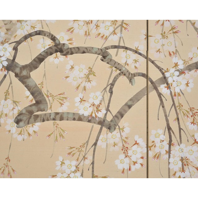 Japanese Showa Four Panel Screen Flowering Cherry Blossom For Sale - Image 4 of 18