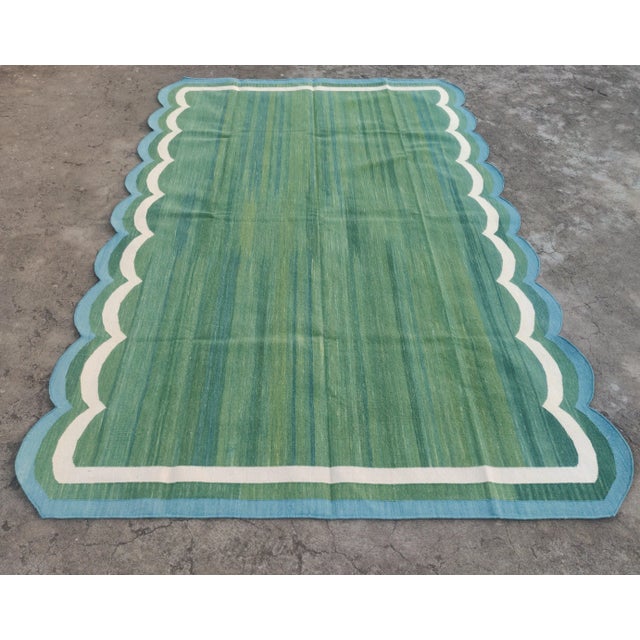 Handmade Cotton Vegetable Dyed Scalloped Edge Rug Forest Green With Cream and Teal Blue Border - 6x9 For Sale - Image 11 of 11