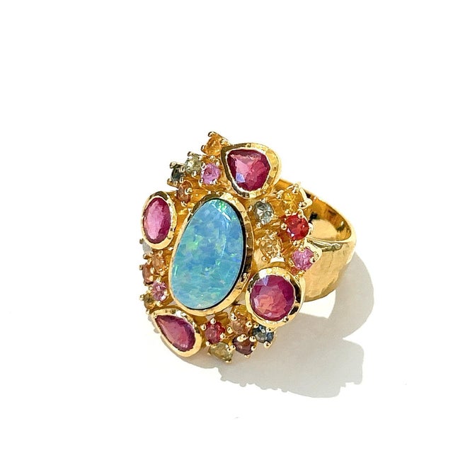 Not Yet Made - Made To Order Bochic “Orient” Opal, Ruby & Multi Sapphire Vintage Cluster Ring Set 18k & Silver Size 5 For Sale - Image 5 of 5