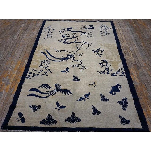 Chinese 1920s Ivory Scenic Bird of Paradise Antique Chinese Bat Cloud Band Peking Rug For Sale - Image 3 of 11