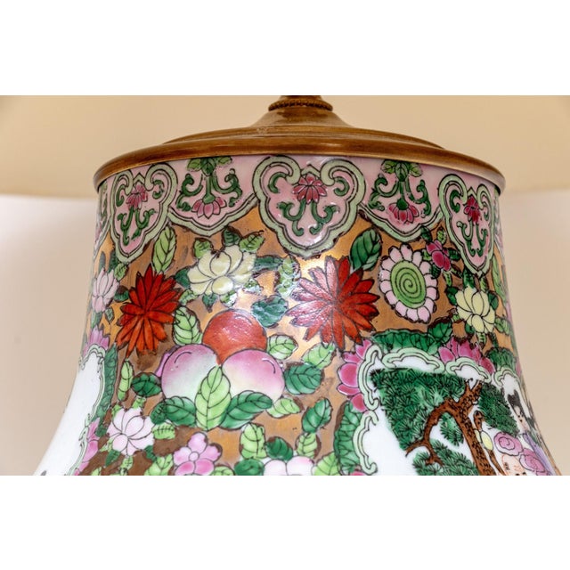 Chinese Famille Rose Millefleurs Hu-Form Porcelain Table Lamp | Figural Scenes | Mid-20th Century | With Shade For Sale - Image 9 of 13
