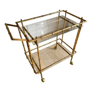 Vintage Hollywood Regency Faux Bamboo Brass & Glass Bar Cart For Sale