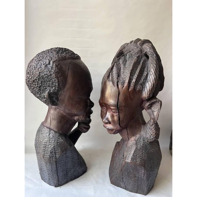 Late 20th Century Pair of Vintage Traditional African Ebony Wood Man & Woman Carving Busters For Sale - Image 5 of 17