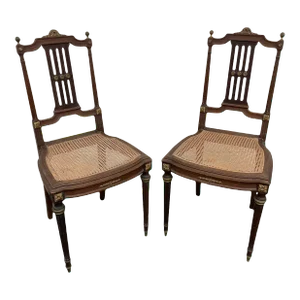19th Century Lá Belle Epoque Louis XVI Style Mahogany Side Chairs With Caned Seats - a Pair