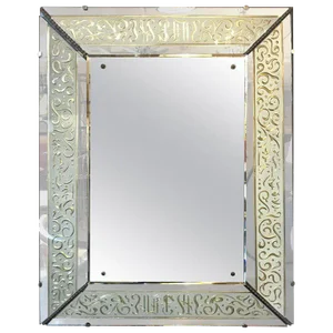 Hollywood Regency Etched Frosted Glass Framed Bevelled Wall or Console Mirror