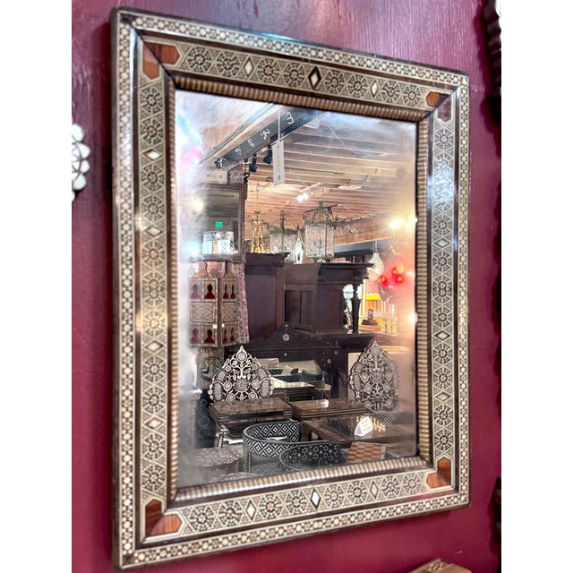 Art Deco Vintage Marquetry Wood Inlay Mirror With Mother-of-Pearl Accents For Sale - Image 3 of 6