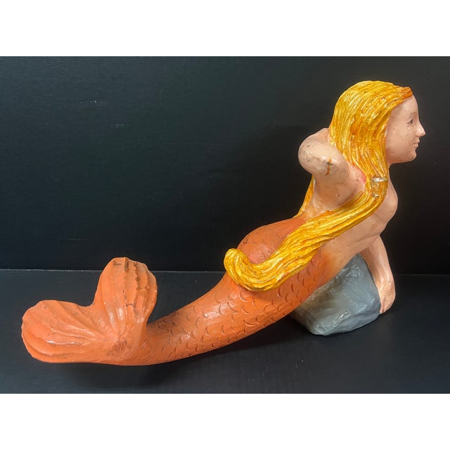 Wood Folk Art Carved Wood Mermaid Sculpture With Gold Haier and Orange Tail and Glass Eyes For Sale - Image 7 of 10