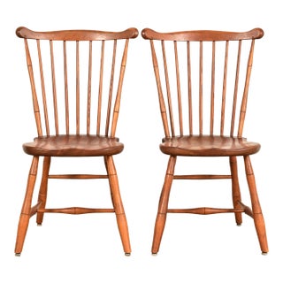 L. & J. G. Stickley American Colonial Solid Cherry Wood Spindle Back Windsor Side Chairs or Dining Chairs, Pair For Sale