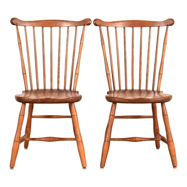 L. & J. G. Stickley American Colonial Solid Cherry Wood Spindle Back Windsor Side Chairs or Dining Chairs, Pair For Sale