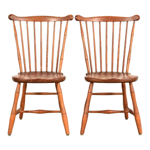 L. & J. G. Stickley American Colonial Solid Cherry Wood Spindle Back Windsor Side Chairs or Dining Chairs, Pair