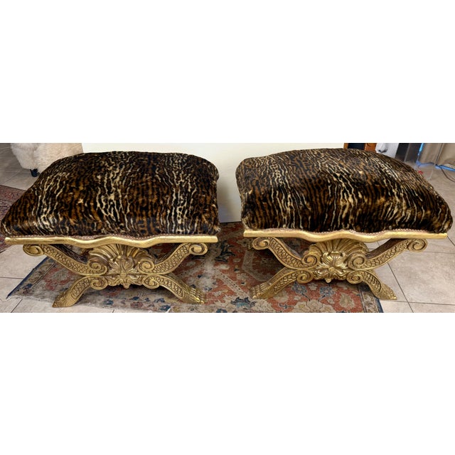 Gold 1990s Pair of Neoclassical-Style Faux Leopard Covered Gilt-Wood Benches, 2 Pieces For Sale - Image 8 of 11