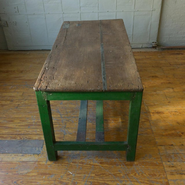 French Large French Industrial Wooden Table With Green Paint For Sale - Image 3 of 9