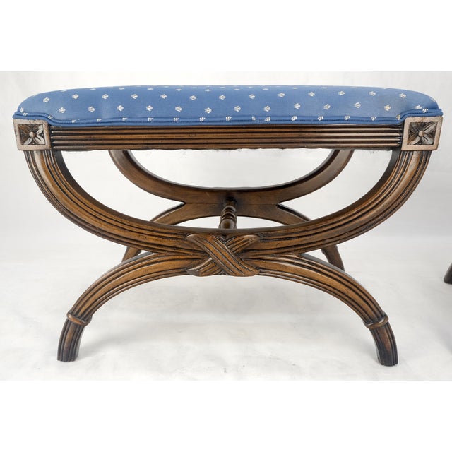 Traditional Pair of Carved Regency Style Blue Upholstery Benches MINT For Sale - Image 3 of 10