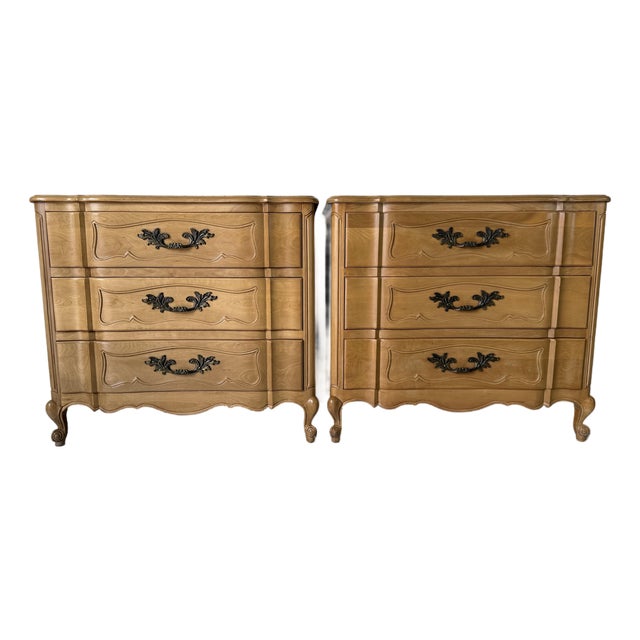 Tall Vintage French Provincial Carved Cherry Wood Three-Drawer Chest – A Pair For Sale