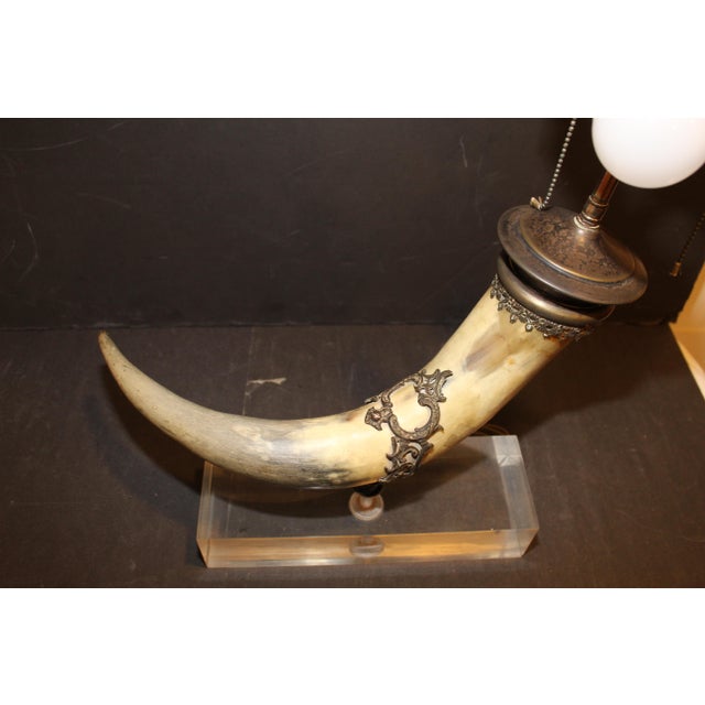 Antique Horn Table Lamp on Acrylic Base With Silver Plate Trim For Sale - Image 9 of 11