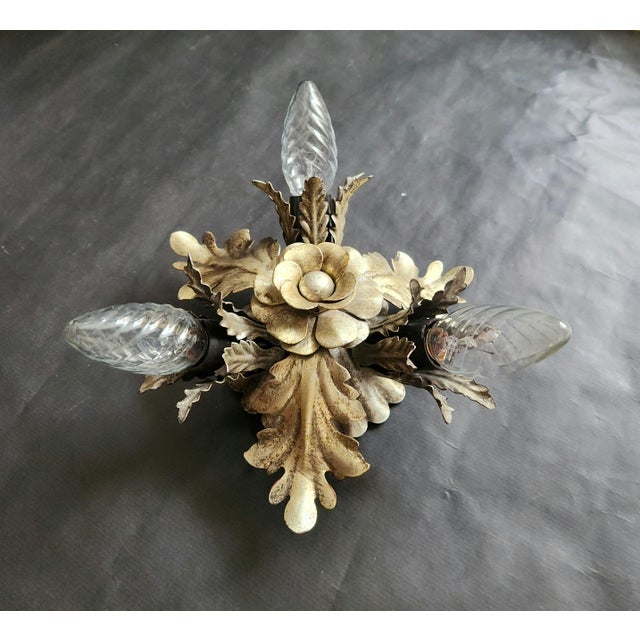 Vintage Florentine Floral Hand-Forged Silver-Plated 3-Light Flush Mount from Banci Firenze, Italy, Florence 1960s, Set of 5 For Sale - Image 6 of 18