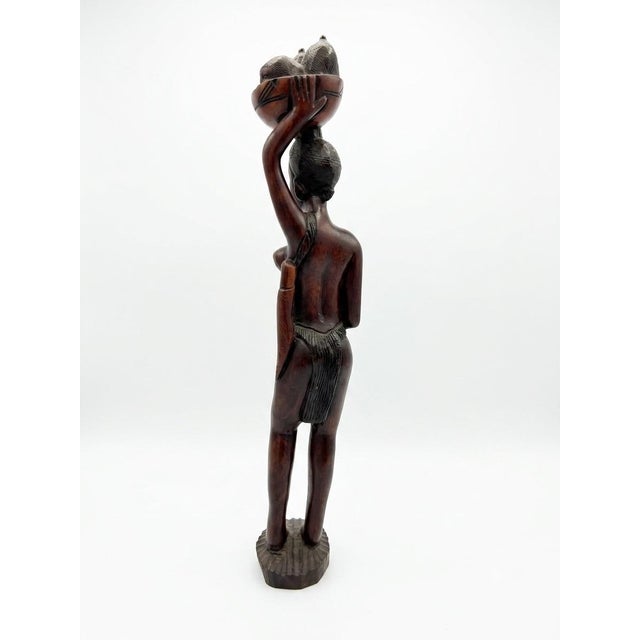 Vintage Mid-Century Hand-Carved African Mahogany Female Figure With Harvest Basket For Sale - Image 4 of 5