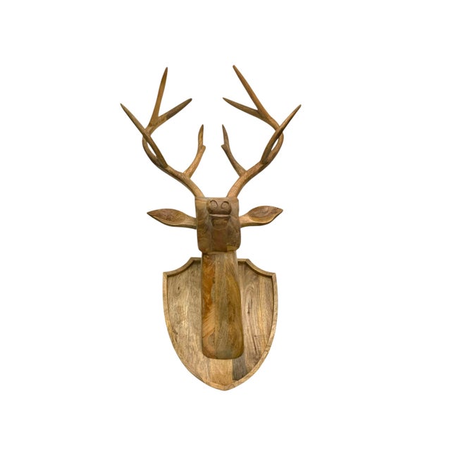 Pottery Barn Deer Head Pottery Barn Large Carved Wood Stag on Plaque Rustic Cabin Man-Cave Decor For Sale - Image 4 of 7