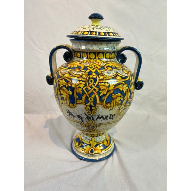 1990s Italian Hand-Painted Blue Urn With Scrolled Handles For Sale - Image 12 of 12