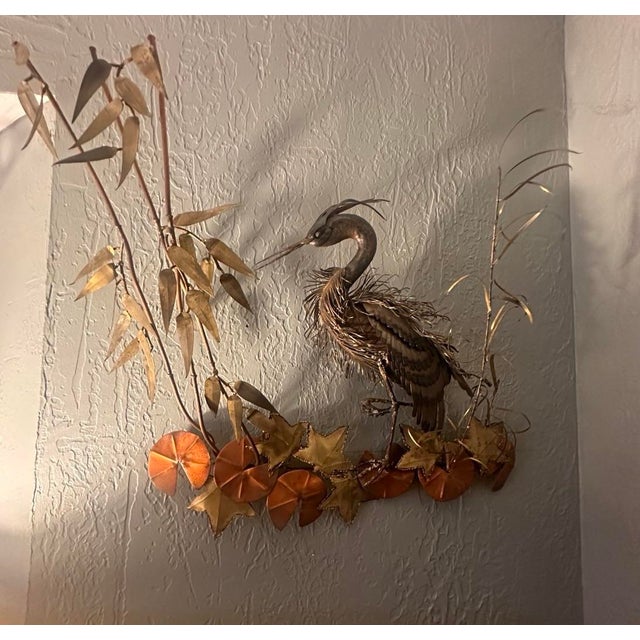 Mid-Century Modern Vintage Mid-Century Mixed Metal Heron Egret Wall Sculpture Brass Copper Water Lilies Reeds Brutalist MCM Art For Sale - Image 3 of 3