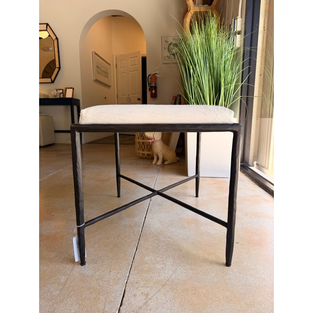 Contemporary Gabby Home Ottoman With White Hair Hide and Black Metal Legs For Sale - Image 3 of 5