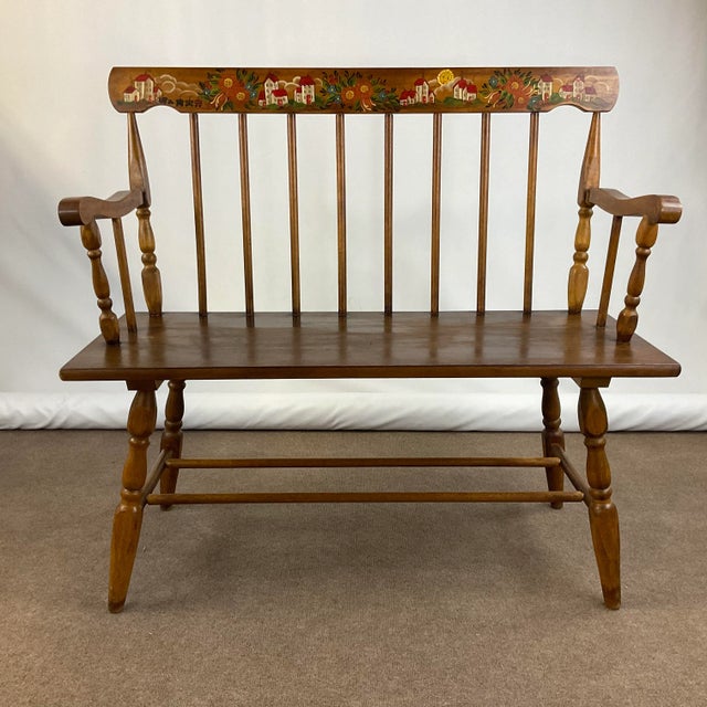 1970s Vintage Arts & Crafts Windsor Spindle Back Pine Bench. For Sale - Image 12 of 12
