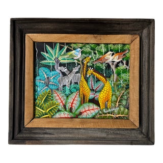 Vintage Jungle Landscape Acrylic on Masonite Painting by Haitian Artist Kedson Estigene – Framed For Sale
