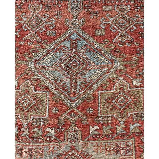 Textile Sub-Geometric Medallion Design Persian Heriz Antique Runner in Red and Gray-Blue For Sale - Image 7 of 12