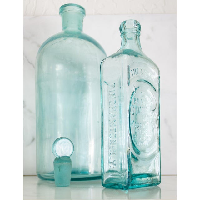 American Pair of Antique Aqua Glass Medical Snake Oil Apothecary Bottles From Ny and Nj For Sale - Image 3 of 18