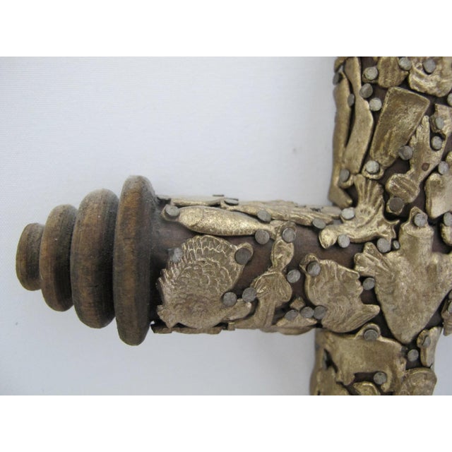 Mid 20th Century Mexican Folk Art Milagros Turned Wood Cross Nailed Brass Charms Wall Hanging For Sale - Image 5 of 11