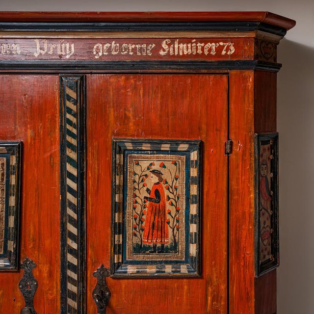 Hand-Painted Folk Armoire in Red, 1773 For Sale - Image 6 of 8