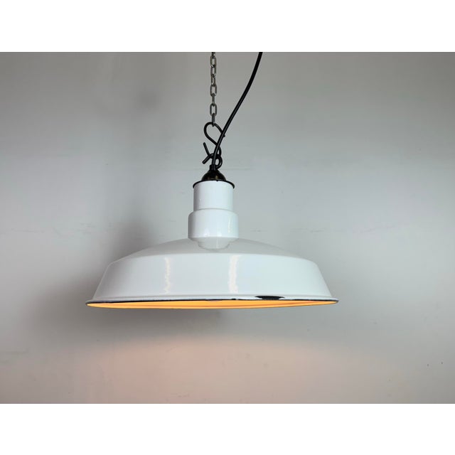 Industrial White Enamel Factory Pendant Lamp, 1960s For Sale - Image 14 of 16