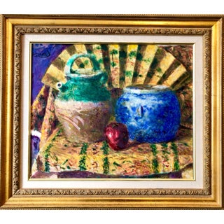 Yoshio Aoyama, Japanese Fauvist Colorful Oil Painting Chinese Ceramic Jars with Fan and Apple, 1981 For Sale
