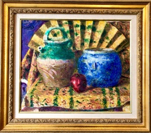 Yoshio Aoyama, Japanese Fauvist Colorful Oil Painting Chinese Ceramic Jars with Fan and Apple, 1981