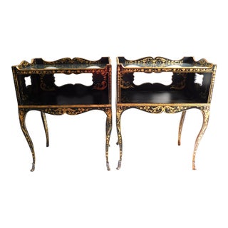 Chinoiserie Mercury Glass Side Black Lacquer Tables, European Crossroads, John Richard, a Pair For Sale