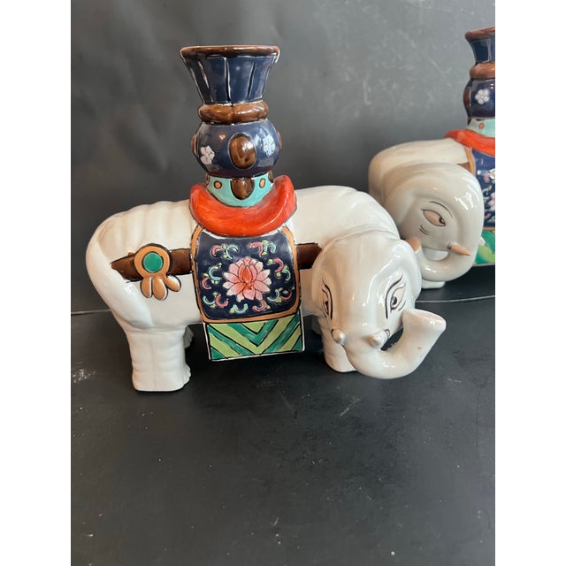 Vintage Pair Chinese Export Famille Rose Ceramic Elephant Candleholders 1970’s For Sale - Image 9 of 12