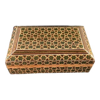 Persian Geometric Inlay Khatamkari Wood Trinket Box Lidded Rectangle For Sale