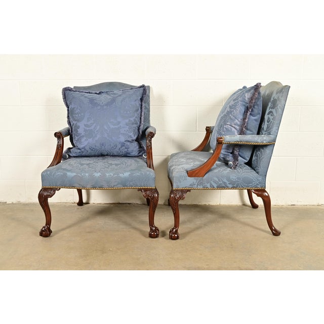 1990s Kittinger Chippendale Carved Mahogany Open Arm Library Chairs | Pair For Sale - Image 5 of 18
