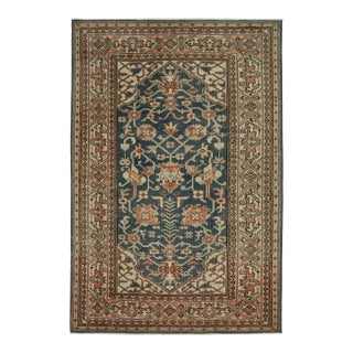 Vintage Distressed Rug in Blue, Beige and Rust Floral Pattern, by Rug & Kilim For Sale