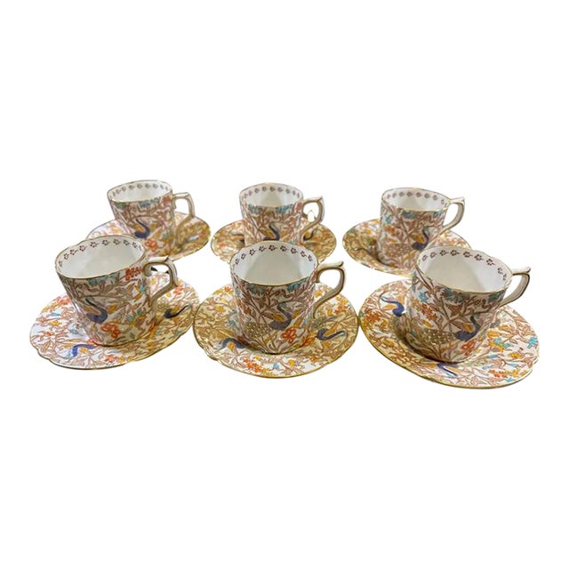 1950s Royal Crown Derby Peacock Pattern Demitasse Cups and Saucers Set- 12 Pieces For Sale