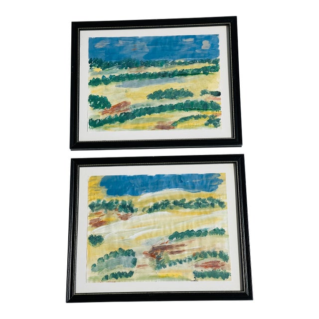 1970s Pair of Abstract Landscape Paintings by Elia Framed For Sale