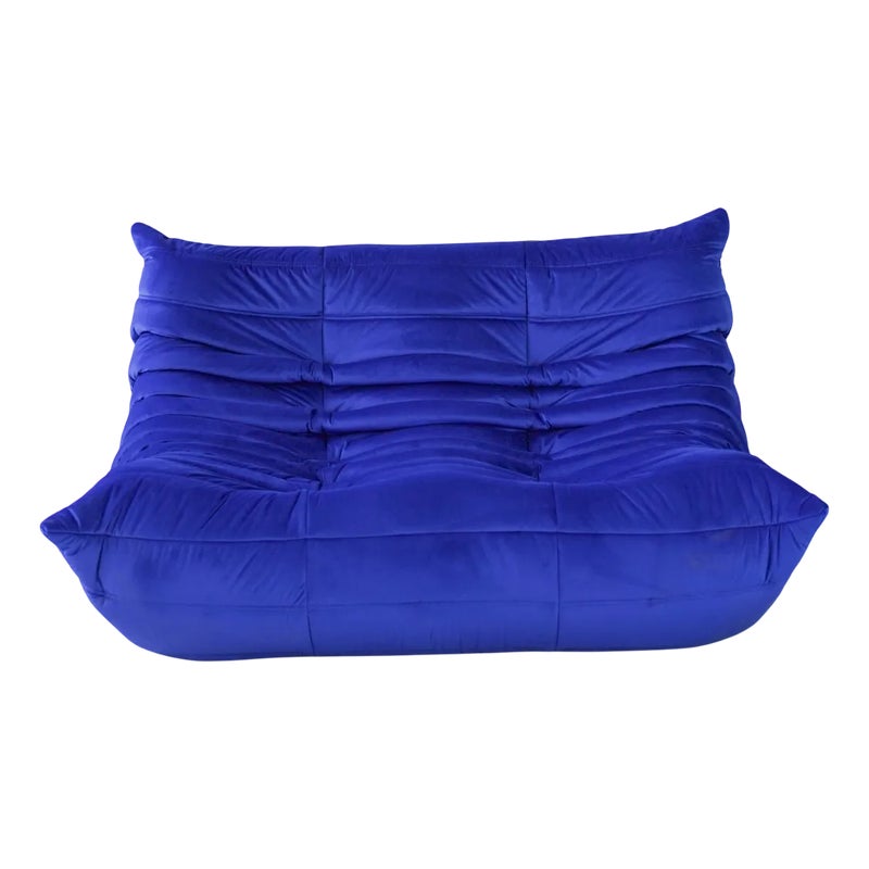 Togo Two-seat In Blue Velvet By Michel Ducaroy For Ligne Roset