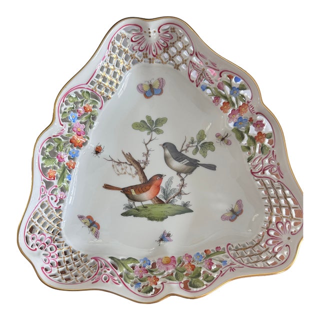 Herend Rothschild Openwork Triangular Dish With Birds For Sale