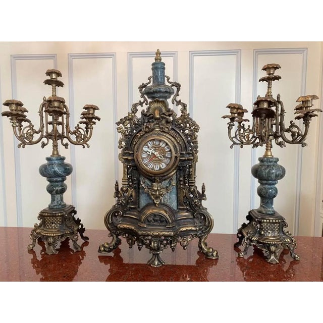 Solid Heavy Metal Gold Decorative Mantel Clock - Ornate Granite Stone Inlaid Design! Clock Height: 24” Width: 13” Set of...